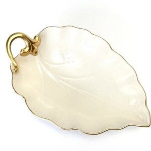 Vintage Lenox Leaf Shaped Candy Dish Fine China Cream And Gold Painted Rim USA - Picture 4 of 5